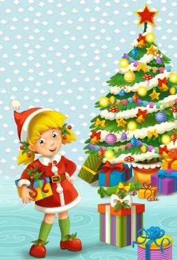 çizgi film sahne bazı hediyeler ve Noel ağacı - çocuklar için illüstrasyon yakınındaki santa yardımcı kızla