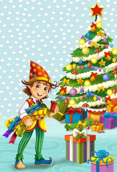 Cartoon Scene Santa Helper Looking Dwarf Some Presents Christmas Tree — Stock Photo, Image