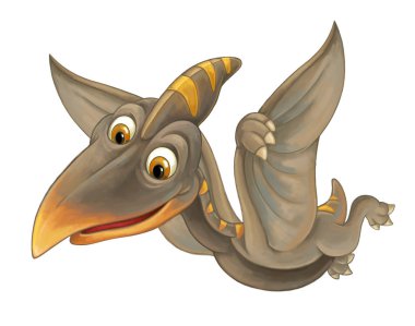 çocuklar için dinozor - beyaz arka plan üzerinde pterodactyl - illüstrasyon uçan ile çizgi film sahne