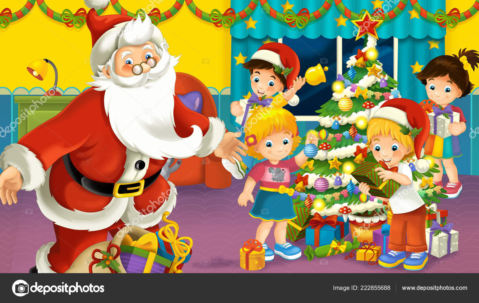 Cartoon Scene Boys Girls Room Santa Claus Full Presents Christmas