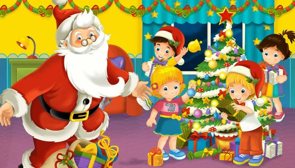卡通场景与男孩和女孩在一个房间里与圣诞老人充满了礼物和圣诞树 插图为孩子 — 图库照片