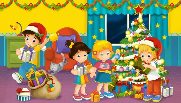 Cartoon Scene Boys Girls Room Full Presents Christmas Tree Illustration — Stock Photo, Image