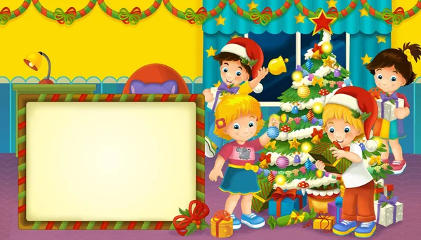 男の子と女の子のプレゼントや子供のための とテキストのフレーム スペース クリスマス ツリー イラストでいっぱい部屋の漫画シーン — ストック写真