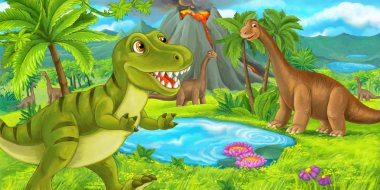 çizgi film sahne ile mutlu dinozor tyrannosaurus rex yakınındaki patlayan ve diplodocus - çizim çocuklar için