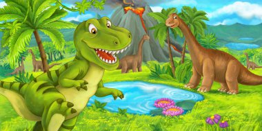 çizgi film sahne ile mutlu dinozor tyrannosaurus rex yakınındaki patlayan ve diplodocus - çizim çocuklar için