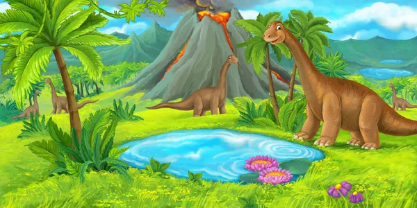 Cartoon Scen Med Glad Dinosaurier Diplodocus Nära Vulkan Illustration För — Stockfoto