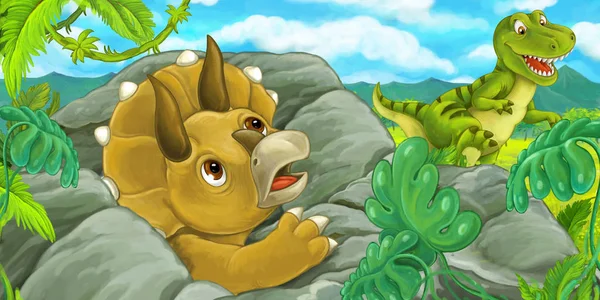 Cartoon Scène Met Triceratops Hidind Achter Rots Van Tyrannosaurus Rex — Stockfoto