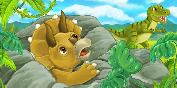 Cena Dos Desenhos Animados Com Tricerátops Escondidos Atrás Rocha Tyrannosaurus — Fotografia de Stock