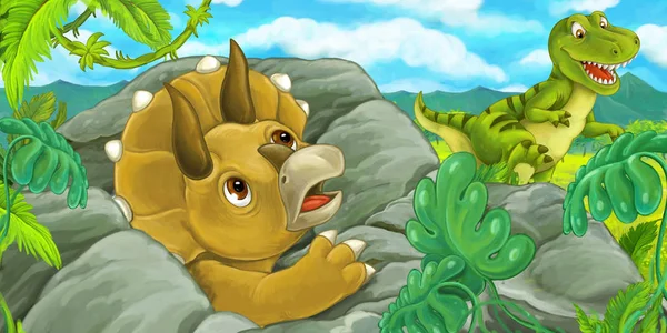 Kreslený Scény Triceratops Hidind Skálu Tyrannosaurus Rex Ilustrace Pro Děti — Stock fotografie