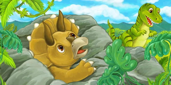 Zeichentrickszene Mit Triceratops Die Sich Hinter Dem Felsen Von Tyrannosaurus — Stockfoto