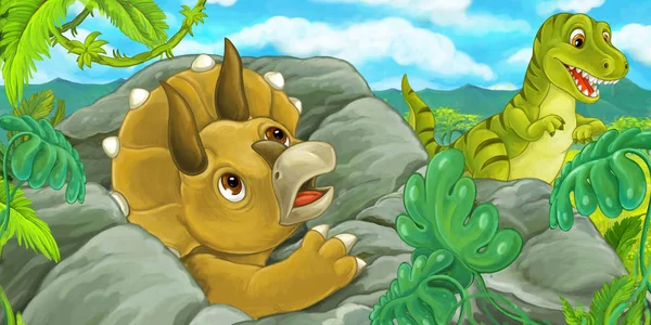 Cena Dos Desenhos Animados Com Tricerátops Escondidos Atrás Rocha Tyrannosaurus — Fotografia de Stock