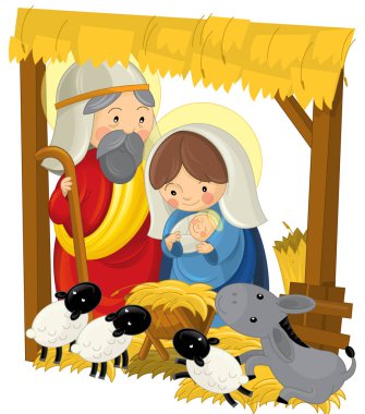 dini illüstrasyon kutsal aile ve kayan yıldız - geleneksel sahne - illüstrasyon çocuklar için