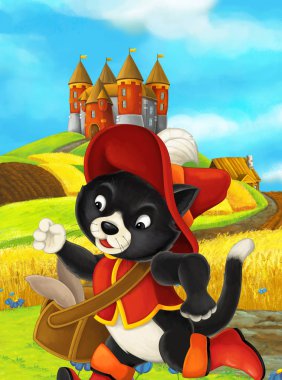 Güzel bir kale - çocuklar için illüstrasyon seyahat bir kedi çizgi film sahne