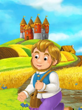Çizgi film sahne çiftçi castle - çocuklar için illüstrasyon yakınındaki alan ayakta çalışma