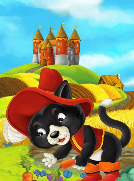 Γελοιογραφία Σκηνή Μιας Γάτας Που Ταξιδεύουν Ένα Όμορφο Κάστρο Εικονογράφησης — Φωτογραφία Αρχείου