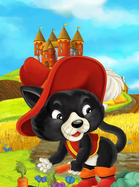 Cartoon scene of a cat traveling to a beautiful castle - illustration for children