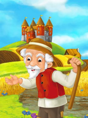 Çizgi film sahne alan ayakta castle - çocuklar için illüstrasyon yakınındaki çalışan çiftçi ile