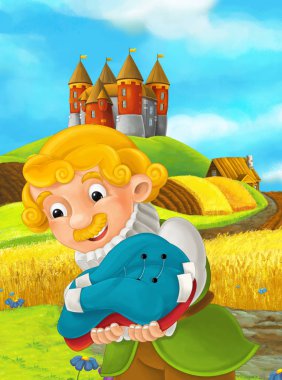 Çizgi film sahne soylu bir şeyler tutarak ve castle - çocuklar için illüstrasyon yakınındaki duran çiftlik alanı
