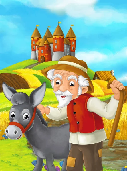 Cartoon scene with farmer and donkey working in the field standing near the castle - illustration for children