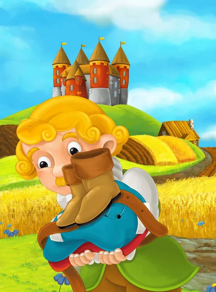 动画片场面贵族在农场领域拿着一些衣服和站立在城堡附近 例证为孩子 — 图库照片
