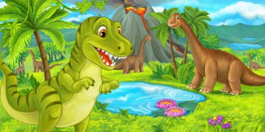 çizgi film sahne ile mutlu dinozor tyrannosaurus rex yakınındaki patlayan ve diplodocus - çizim çocuklar için