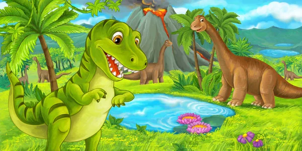 Мультяшная Сцена Счастливым Динозавром Тираннозавром Рексом Вблизи Извергающегося Вулкана Диплодока — стоковое фото