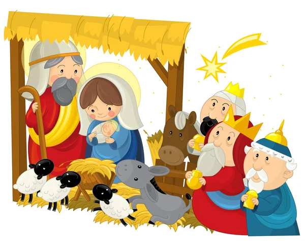 Illustration Religieuse Famille Sainte Trois Rois Étoile Filante Scène Traditionnelle — Photo