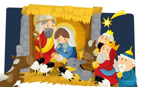 Illustration Religieuse Famille Sainte Trois Rois Étoile Filante Scène Traditionnelle — Photo
