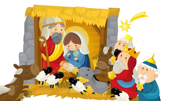宗教例证圣洁家庭三个国王和射击星 传统场面 例证为孩子 — 图库照片