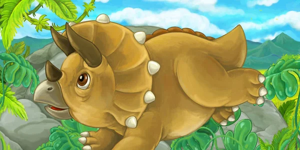 Escena Dibujos Animados Con Triceratops Escondido Detrás Roca Ilustración Para — Foto de Stock