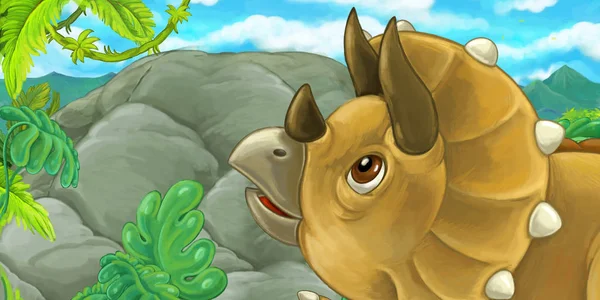 cartoon scene with triceratops hiding behind the rock, illustration for children