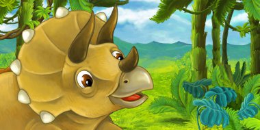 Boynuzlu dinozor tyrannosaurus rex - illüstrasyon çocuklar için kaya arkasına saklanmış ile çizgi film sahne