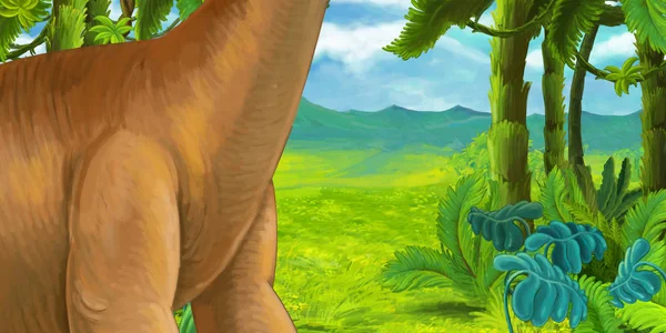 Kreskówka Scena Happy Dinozaur Diplodok Ilustracja Dla Dzieci — Zdjęcie stockowe