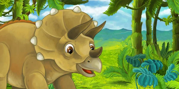 cartoon scene with triceratops hiding behind the rock from tyrannosaurus rex - illustration for children