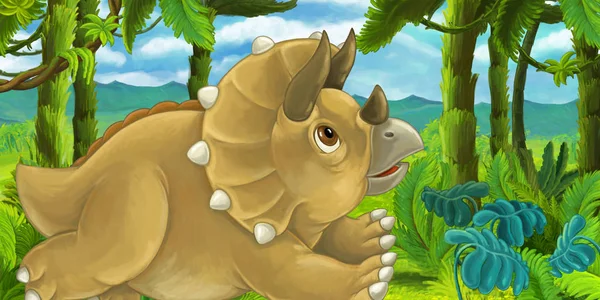 cartoon scene with triceratops hiding behind the rock from tyrannosaurus rex - illustration for children