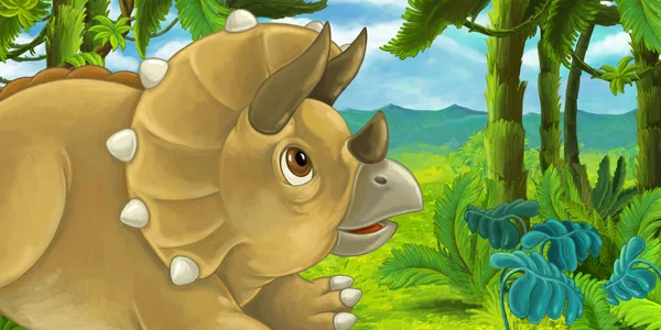 Escena Dibujos Animados Con Triceratops Escondidos Detrás Roca Tyrannosaurus Rex —  Fotos de Stock