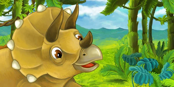 Escena Dibujos Animados Con Triceratops Escondidos Detrás Roca Tyrannosaurus Rex —  Fotos de Stock