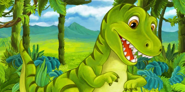 Dibujos Animados Dinosaurio Feliz Divertido Tiranosaurio Ilustración Para Los Niños —  Fotos de Stock