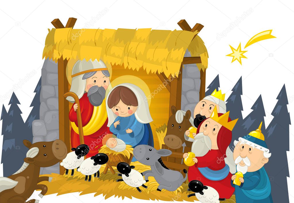 religious illustration holy family three kings and shooting star - traditional scene - illustration for children
