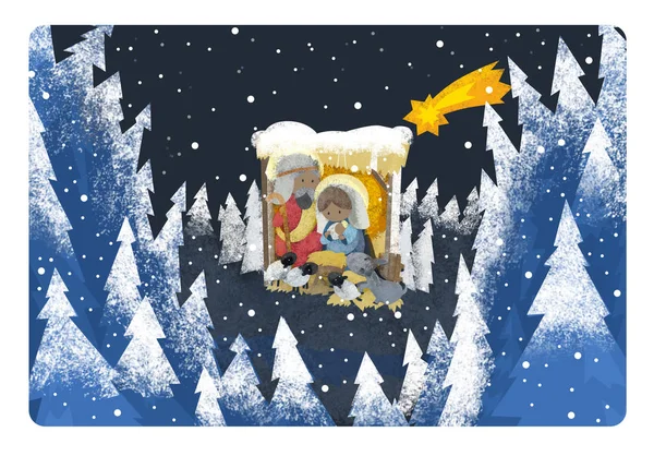 Religiösa Illustration Heliga Familjen Vinter Scen — Stockfoto