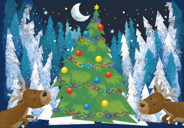 Noel ağacı ve reindeers - geleneksel sahne - illüstrasyon çocuklar için dini kış sahne