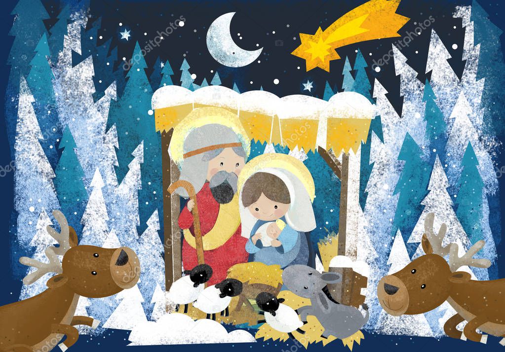 religious illustration three kings - and holy family in winter scene - traditional scene - illustration for children