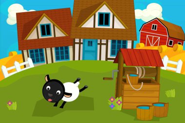 çiftlik hayvanıyla - çocuklar için illüstrasyon karikatür kırsal sahne