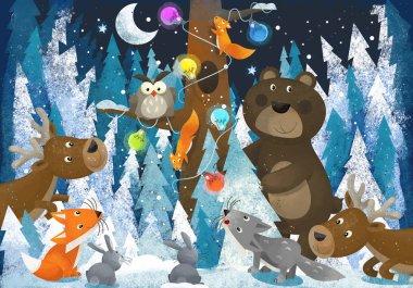 reindeers ile dini kış sahne baykuş tavşan tilki ve çocuklar için Noel ağacı - geleneksel sahne - illüstrasyon yakınındaki ayı