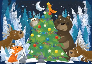 reindeers ile dini kış sahne baykuş tavşan tilki ve çocuklar için Noel ağacı - geleneksel sahne - illüstrasyon yakınındaki ayı