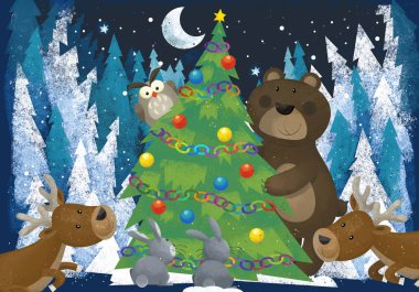 reindeers baykuş ve çocuklar için Noel ağacı - geleneksel sahne - illüstrasyon yakınındaki ayı ile dini kış manzara