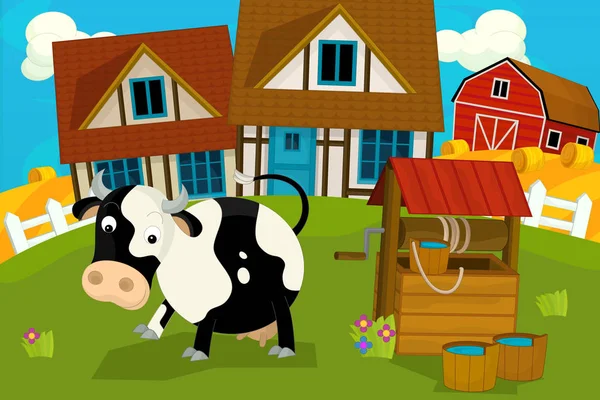 Çiftlik Hayvanıyla Çocuklar Için Illüstrasyon Karikatür Kırsal Sahne — Stok fotoğraf