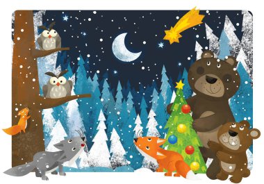 reindeers baykuş ve çocuklar için Noel ağacı - geleneksel sahne - illüstrasyon yakınındaki ayı ile dini kış manzara