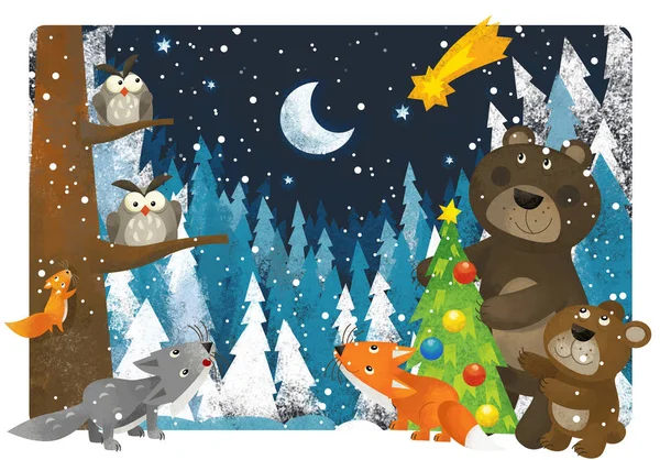 religious winter scene with reindeers owl and bear near christmas tree - traditional scene - illustration for children