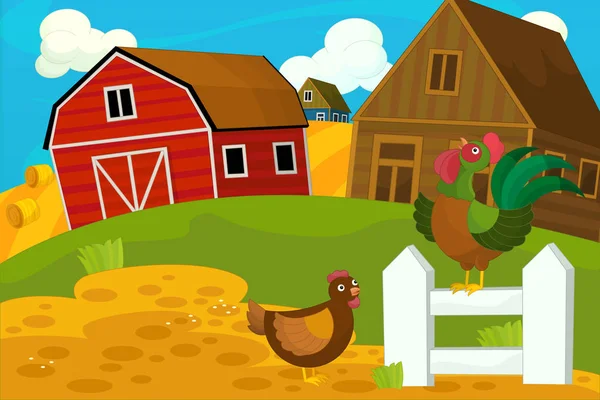Cartoon Farm Scene Traditional Village Different Usage Illustration Children — Stock Photo, Image